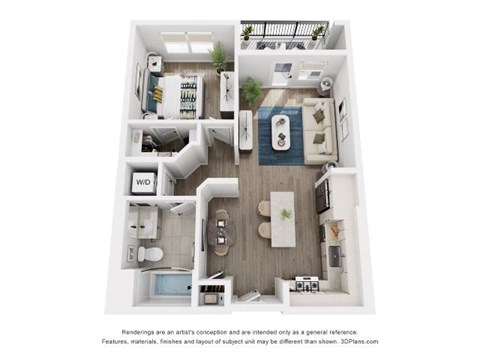 A 3D floor plan of a small apartment with a kitchen, living room, and bathroom.